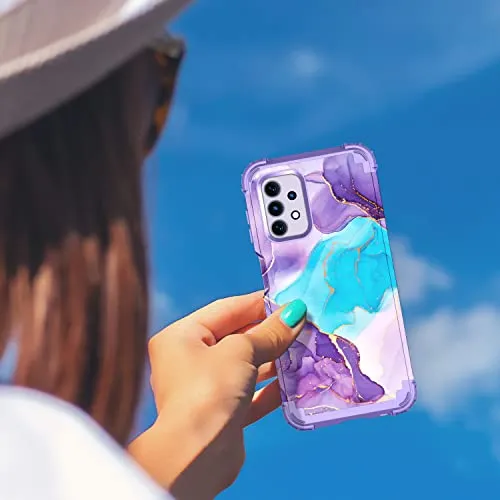 BQQFG for Galalxy A32 5G Case,Marble Design Three Layer Heavy Duty Shockproof Hybrid Hard Plastic Bumper Soft Silicone Rubber Drop Protective Cover Case for Samsung Galaxy A32 5G 6.5",Deep Purple