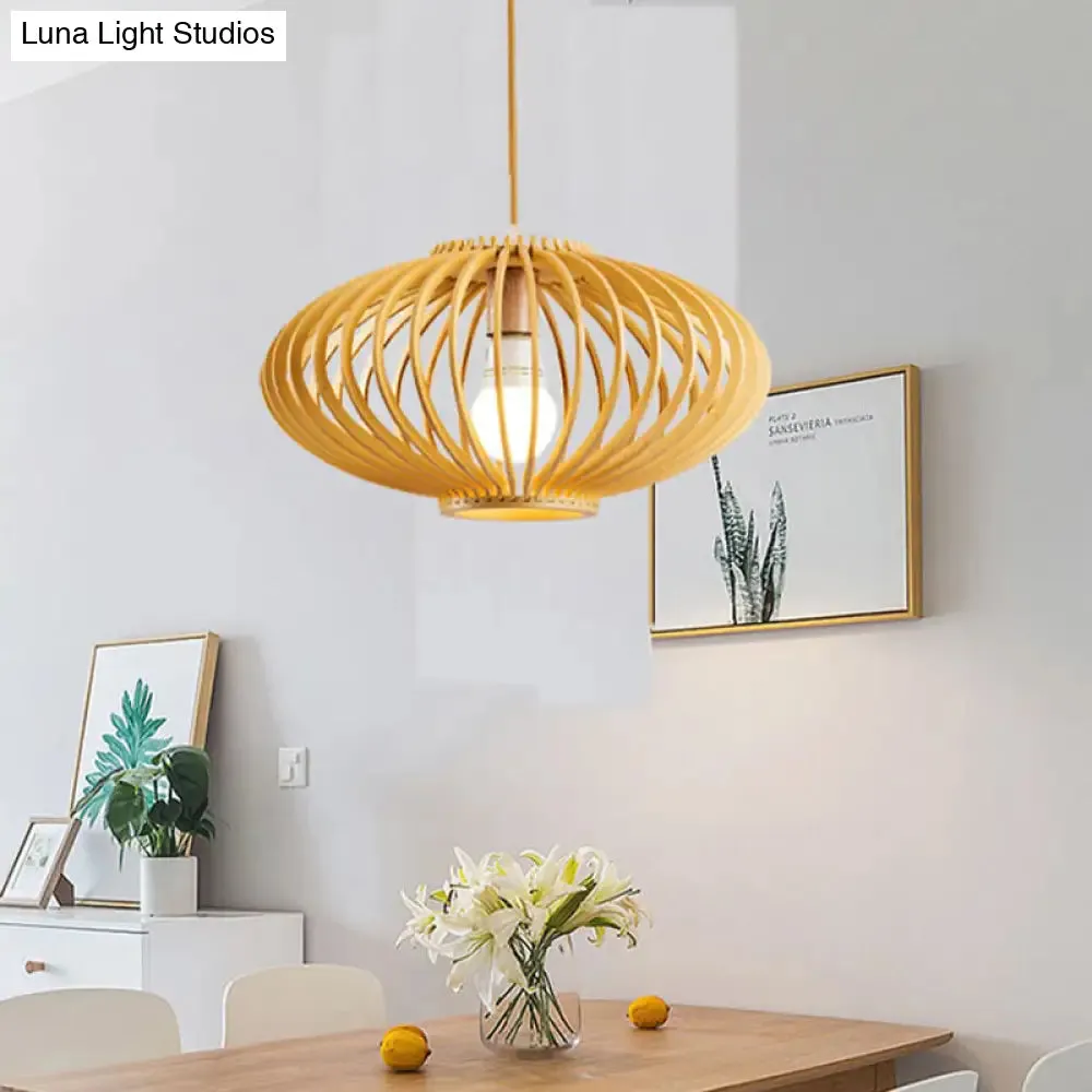 Chinese Wooden Lantern Hanging Light Fixture with Bamboo Shade - 1 Head Ceiling Lighting