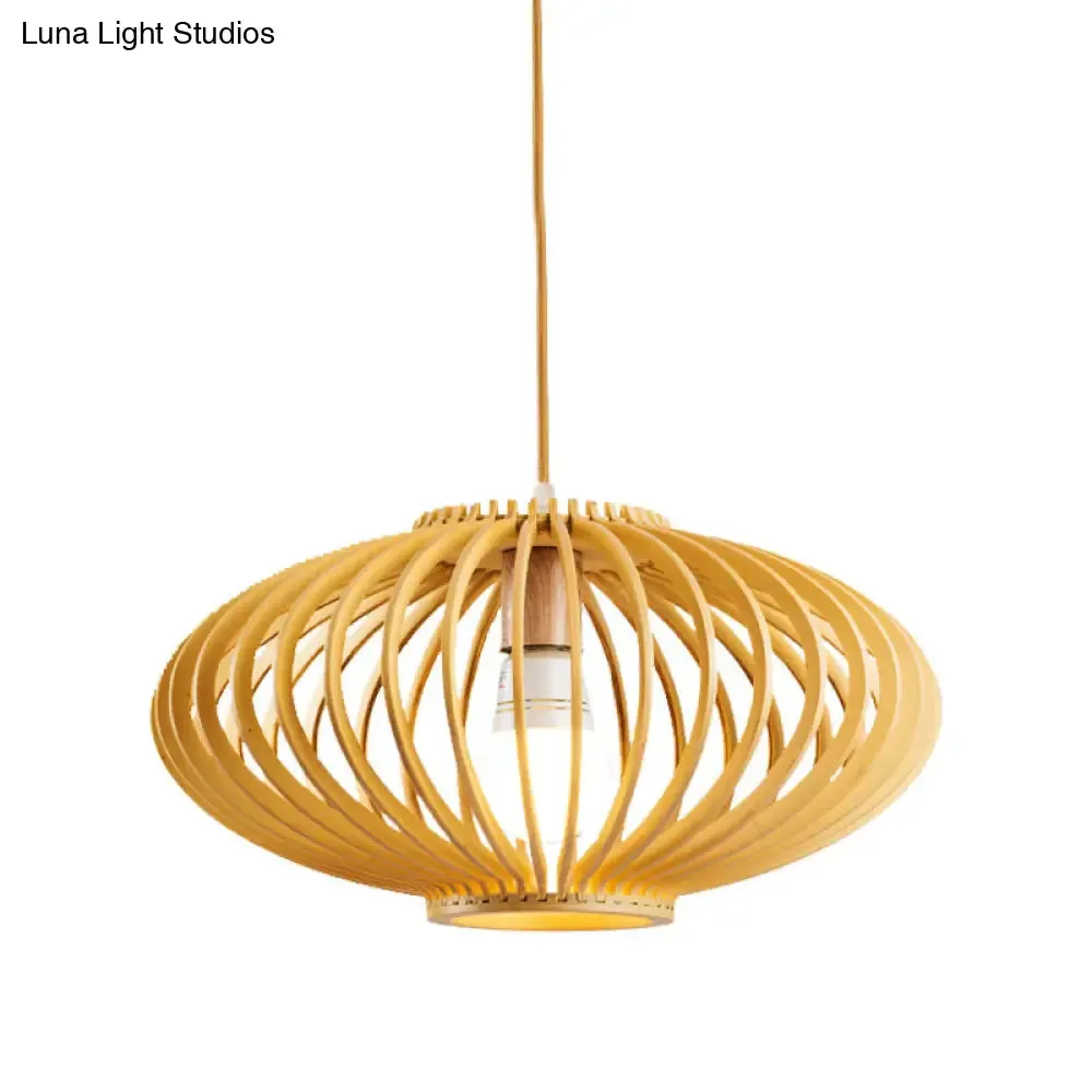 Chinese Wooden Lantern Hanging Light Fixture with Bamboo Shade - 1 Head Ceiling Lighting