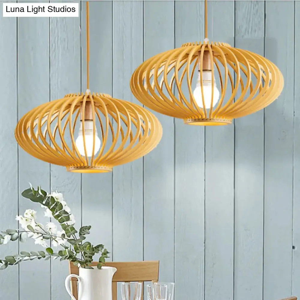 Chinese Wooden Lantern Hanging Light Fixture with Bamboo Shade - 1 Head Ceiling Lighting