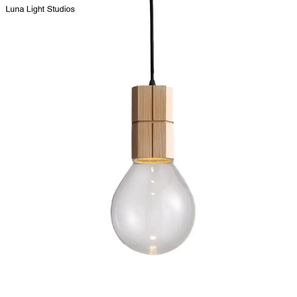 Clear Glass Ceiling Pendant Light with Wood Hanging Kit and Warm/White LED Bulb