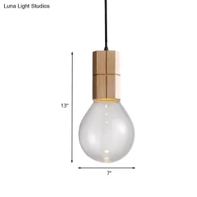 Clear Glass Ceiling Pendant Light with Wood Hanging Kit and Warm/White LED Bulb
