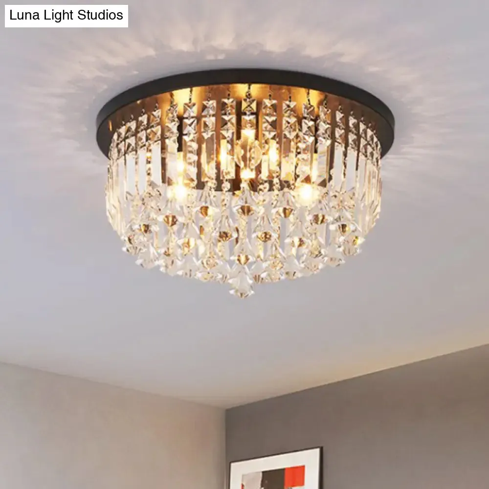 Contemporary Black Crystal Cascade Ceiling Light for Bedroom - 9-Light Flush Mounted Fixture