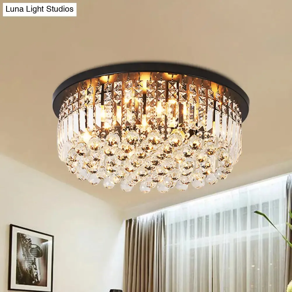 Contemporary Black Crystal Cascade Ceiling Light for Bedroom - 9-Light Flush Mounted Fixture