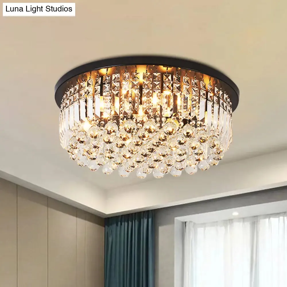 Contemporary Black Crystal Cascade Ceiling Light for Bedroom - 9-Light Flush Mounted Fixture