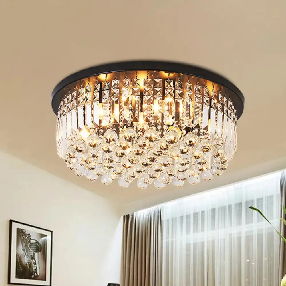 Contemporary Black Crystal Cascade Ceiling Light for Bedroom - 9-Light Flush Mounted Fixture