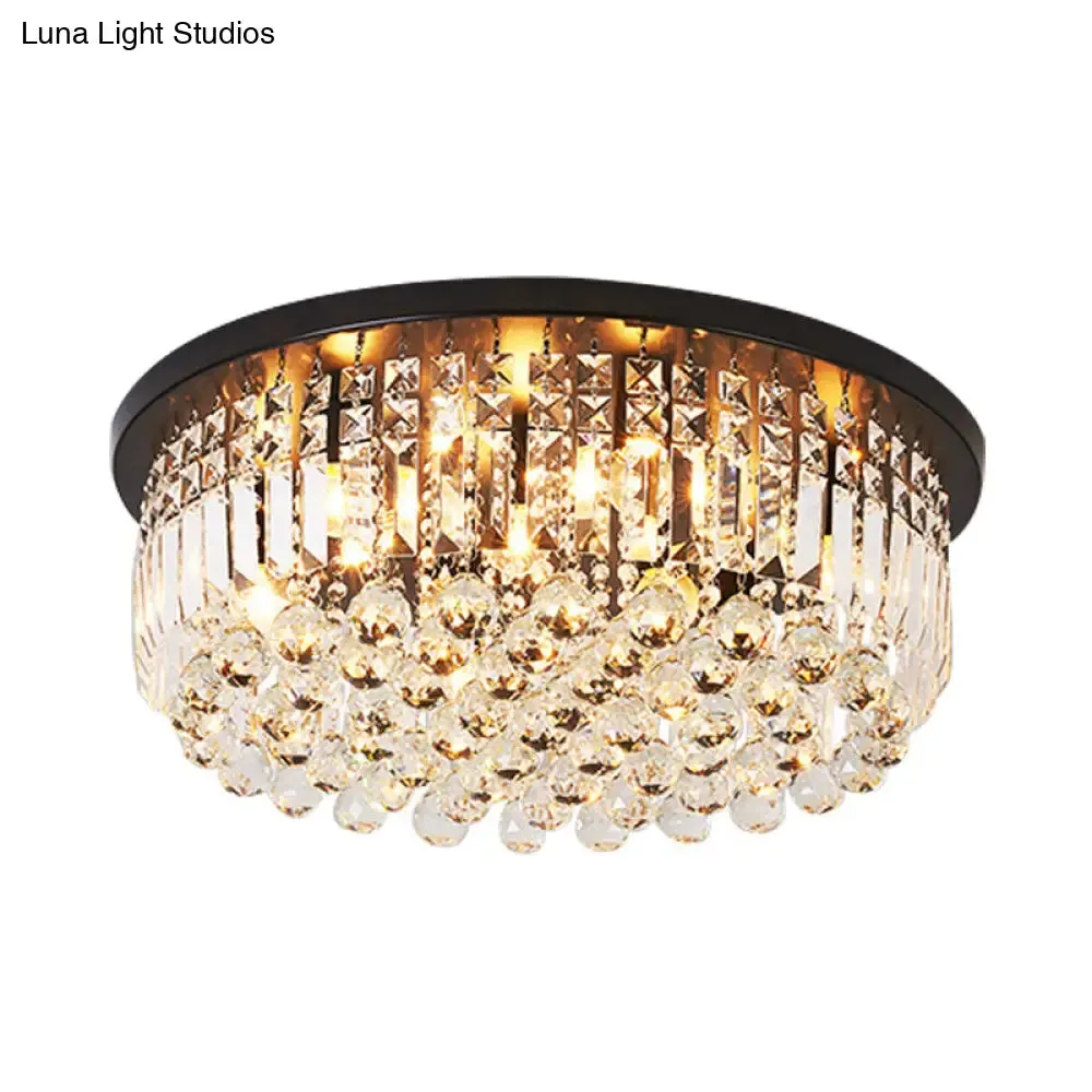 Contemporary Black Crystal Cascade Ceiling Light for Bedroom - 9-Light Flush Mounted Fixture