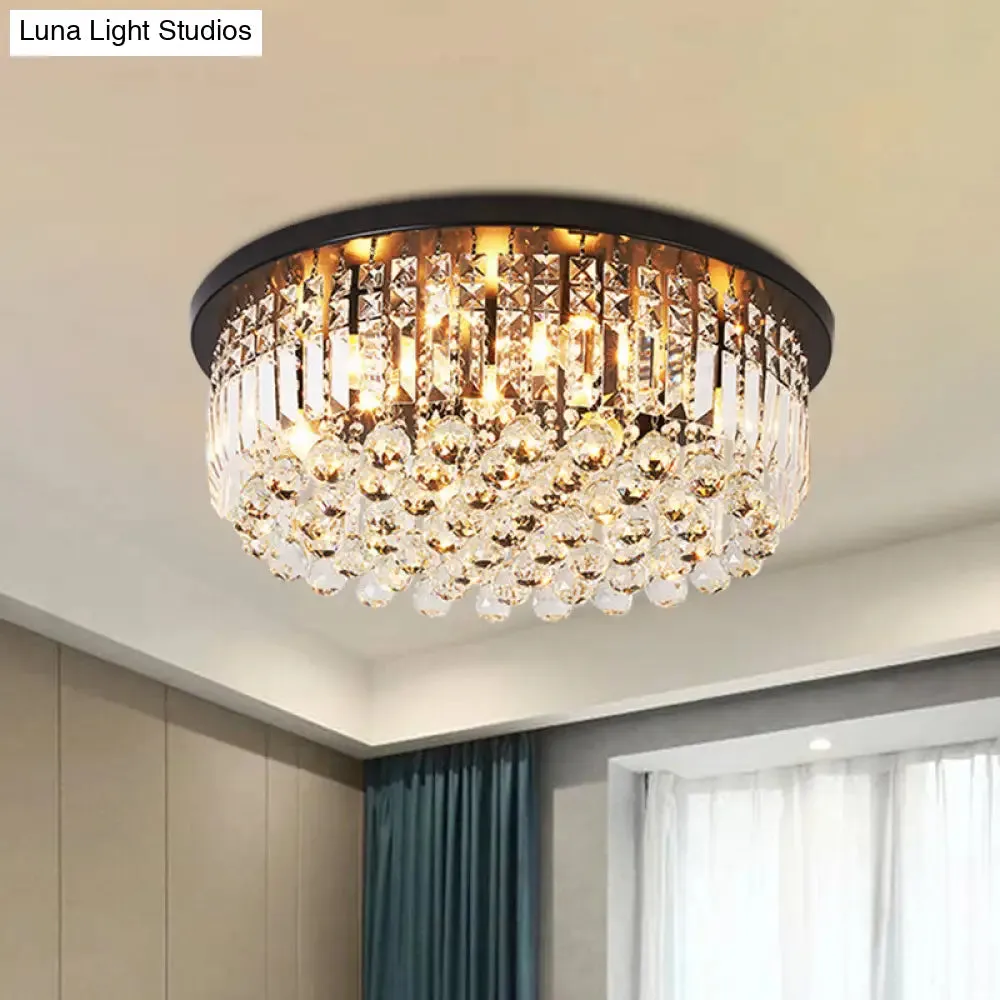 Contemporary Black Crystal Cascade Ceiling Light for Bedroom - 9-Light Flush Mounted Fixture