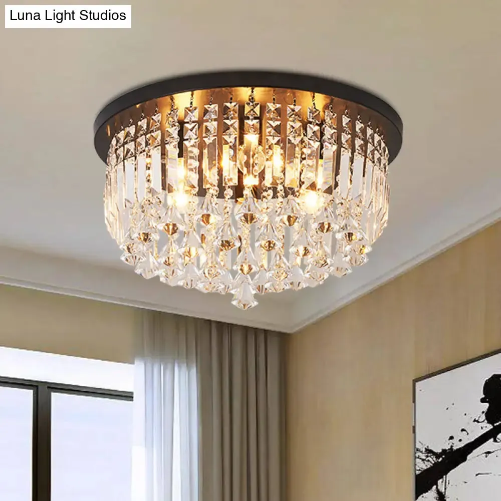 Contemporary Black Crystal Cascade Ceiling Light for Bedroom - 9-Light Flush Mounted Fixture