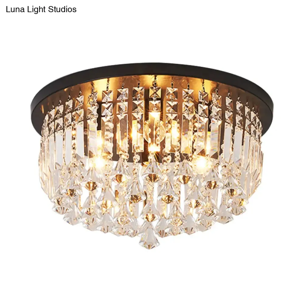 Contemporary Black Crystal Cascade Ceiling Light for Bedroom - 9-Light Flush Mounted Fixture