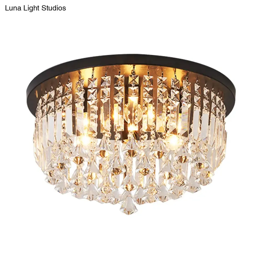 Contemporary Black Crystal Cascade Ceiling Light for Bedroom - 9-Light Flush Mounted Fixture