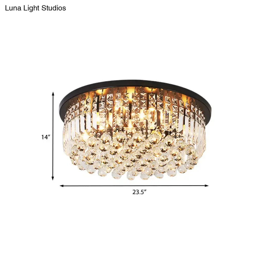 Contemporary Black Crystal Cascade Ceiling Light for Bedroom - 9-Light Flush Mounted Fixture