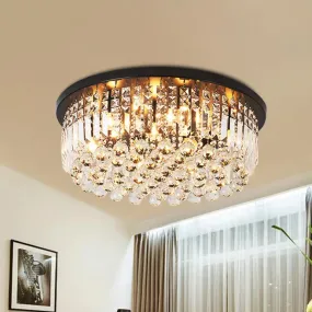 Contemporary Black Crystal Cascade Ceiling Light for Bedroom - 9-Light Flush Mounted Fixture