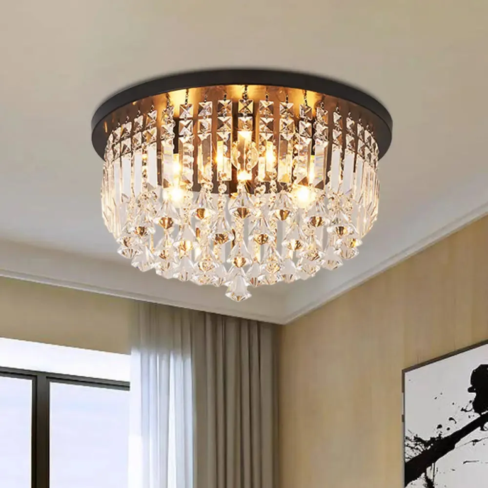 Contemporary Black Crystal Cascade Ceiling Light for Bedroom - 9-Light Flush Mounted Fixture
