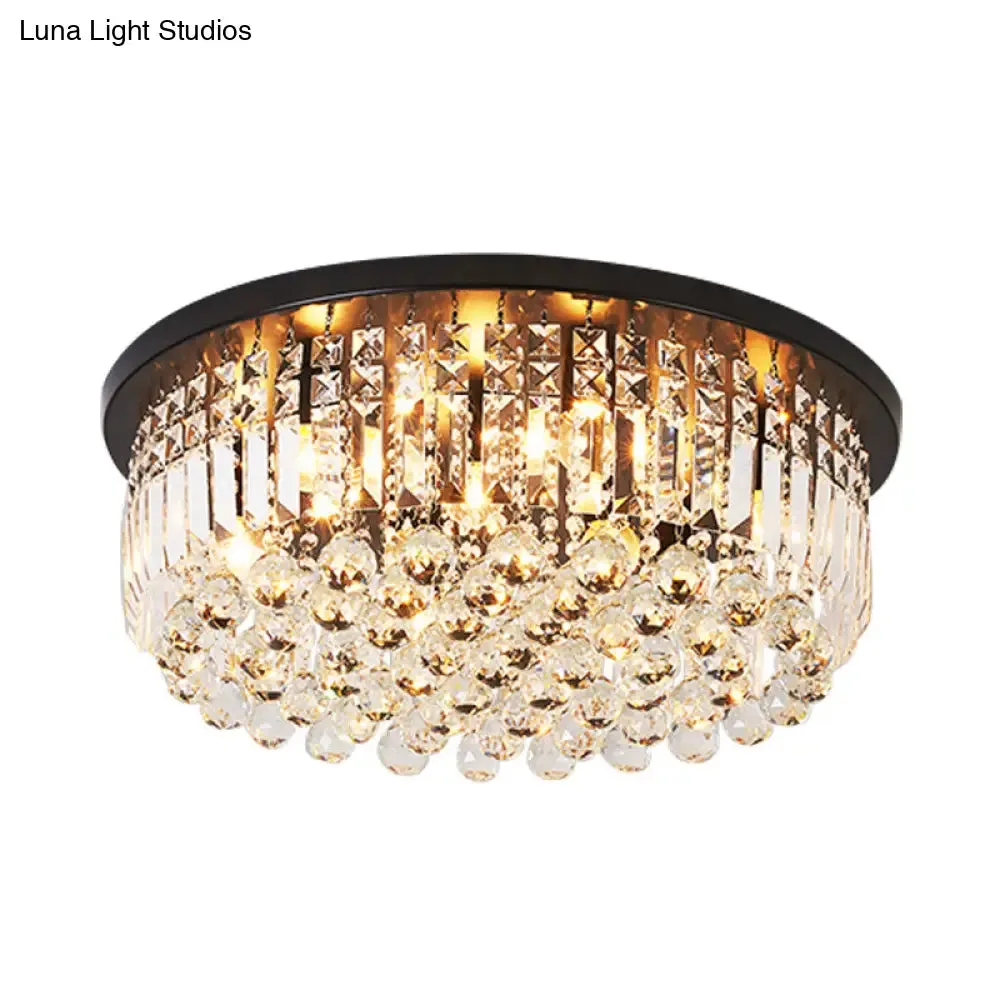 Contemporary Black Crystal Cascade Ceiling Light for Bedroom - 9-Light Flush Mounted Fixture