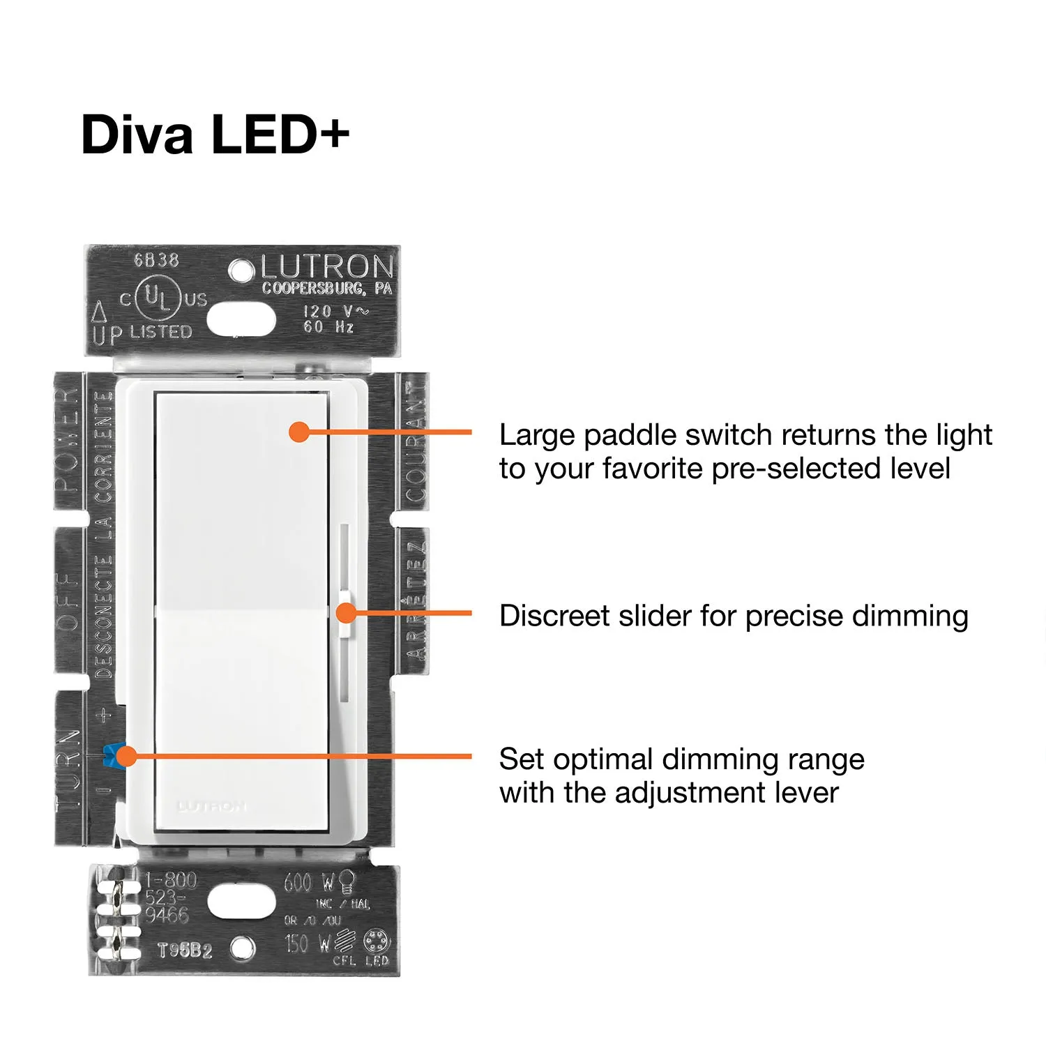 Diva LED  Dimmer Switch, 150-Watt, Single Pole or 3-Way, White