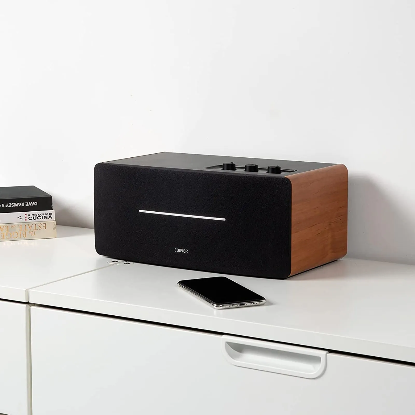 Edifier D12 Bookshelf Speaker Integrated Desktop Stereo Bluetooth Wireless Computer Speaker with Subwoofer Line Out (Wood)
