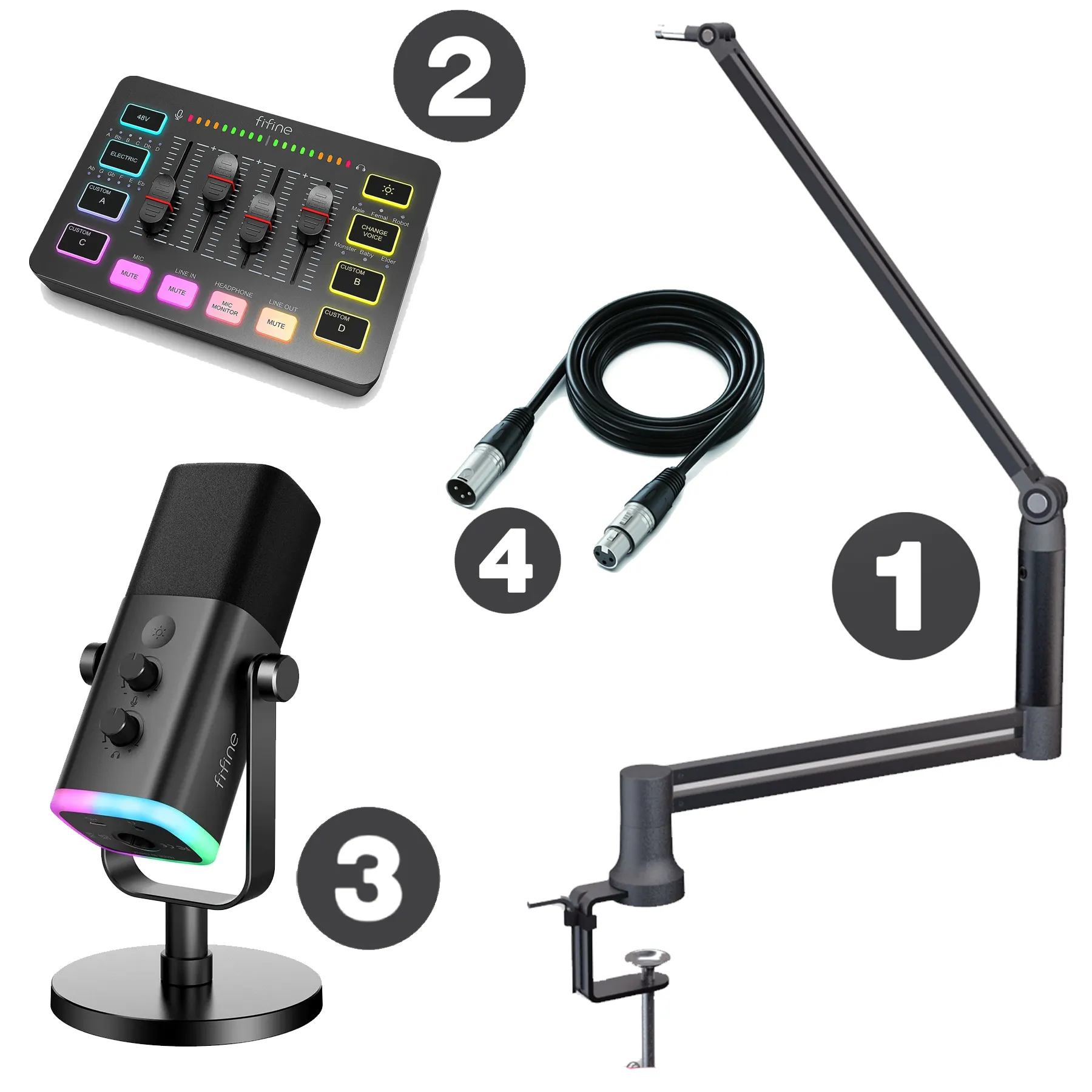 FIFINE Elite Black Package (AM8 Mixer Elite360 Stand XLR Cable)