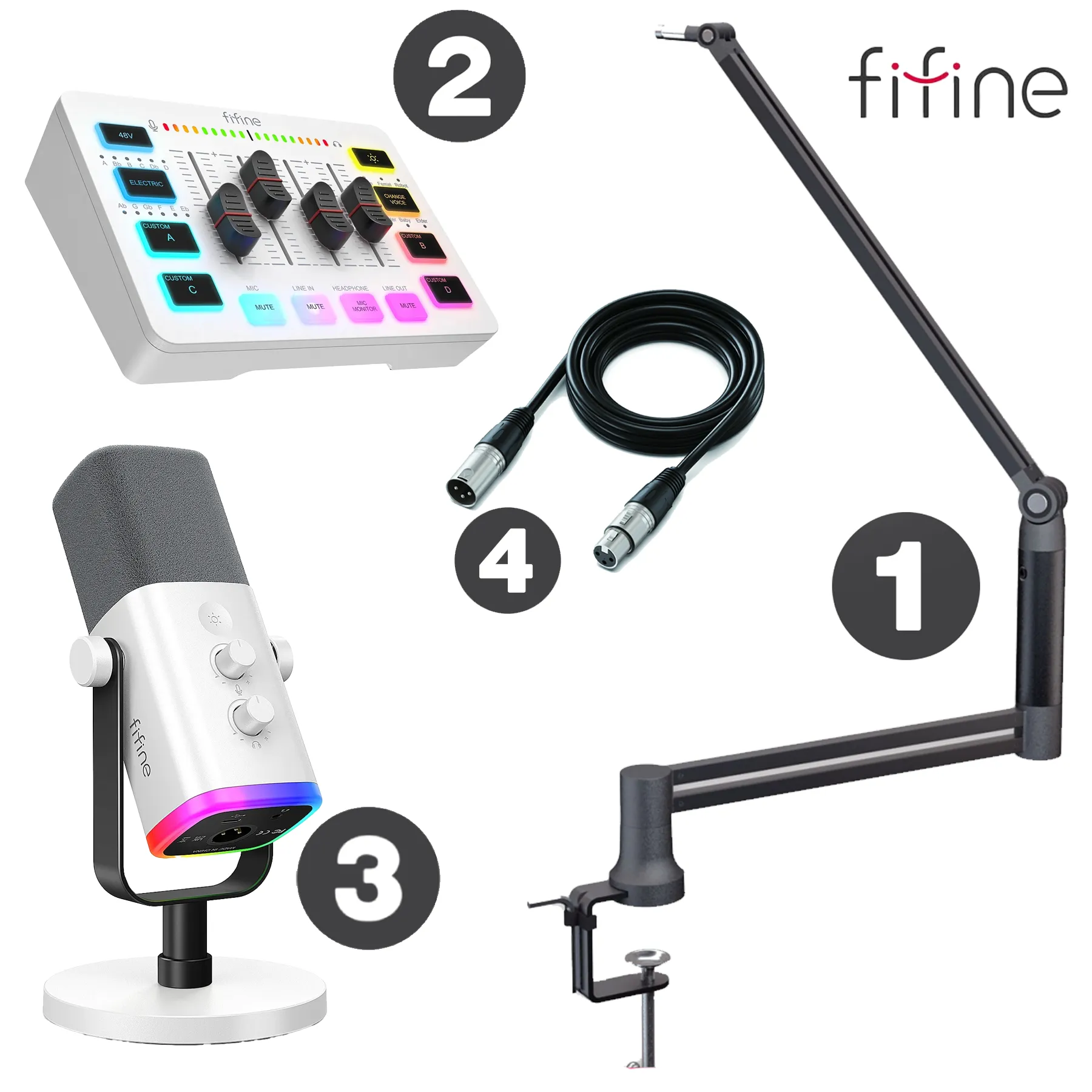 FIFINE Elite White Package (AM8 Mixer Elite360 Stand XLR Cable)