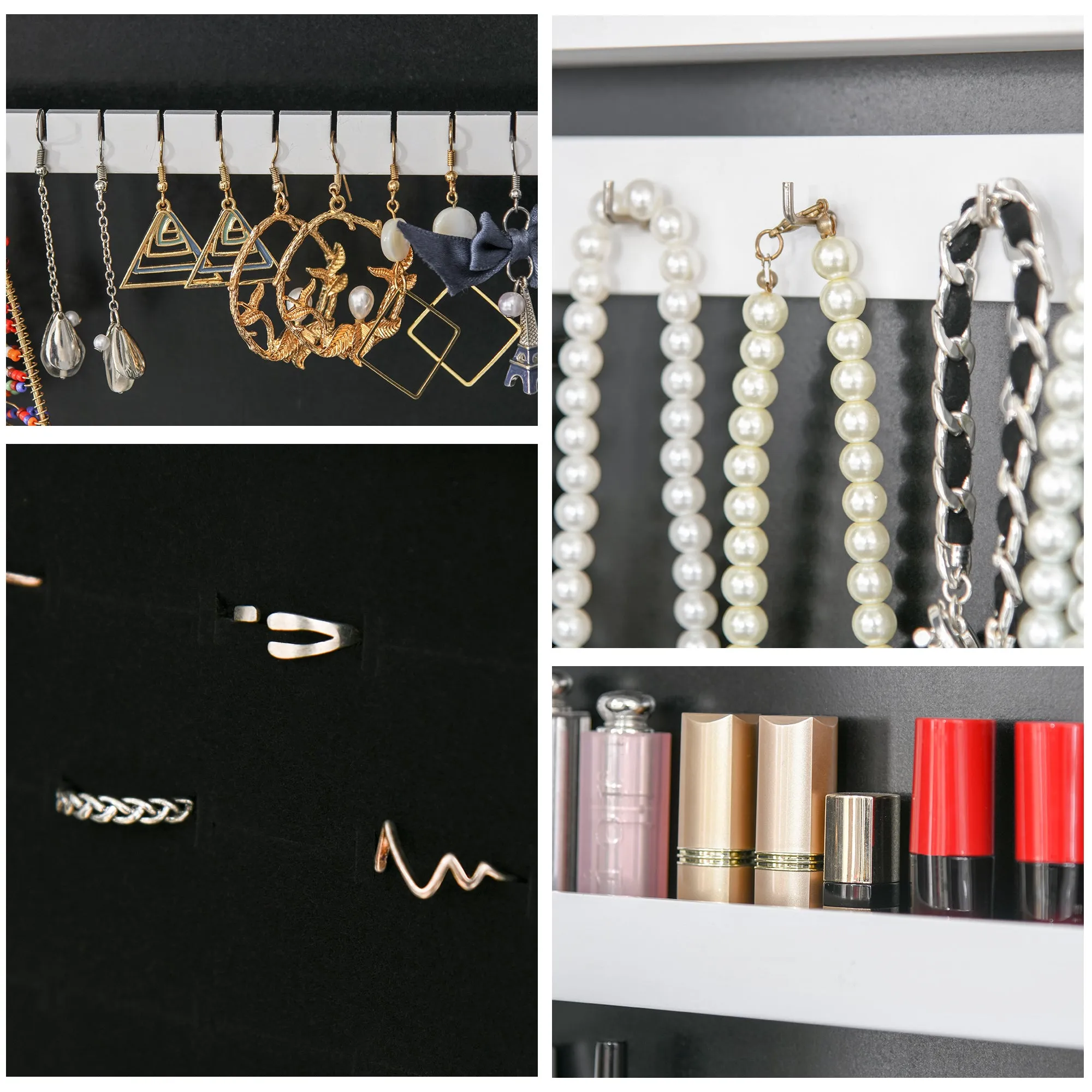 Full Body Mirrored Jewelry Cabinet W/ LED Light Jewelry Cabinet W/ 3 Angle Adjustable For Rings Earrings Bracelets Cosmetics Warm White