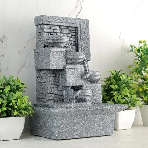 Global Grabbers Polyresin Table Top Indoor Outdoor Water Fall Fountain with LED Lights Home Decor Decoration Gift Gifting Items (Big, STN_GRY-SF27)