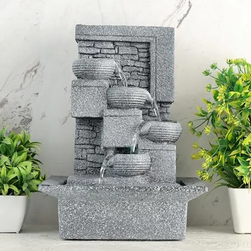 Global Grabbers Polyresin Table Top Indoor Outdoor Water Fall Fountain with LED Lights Home Decor Decoration Gift Gifting Items (Big, STN_GRY-SF27)
