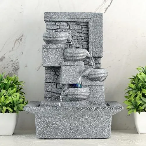 Global Grabbers Polyresin Table Top Indoor Outdoor Water Fall Fountain with LED Lights Home Decor Decoration Gift Gifting Items (Big, STN_GRY-SF27)