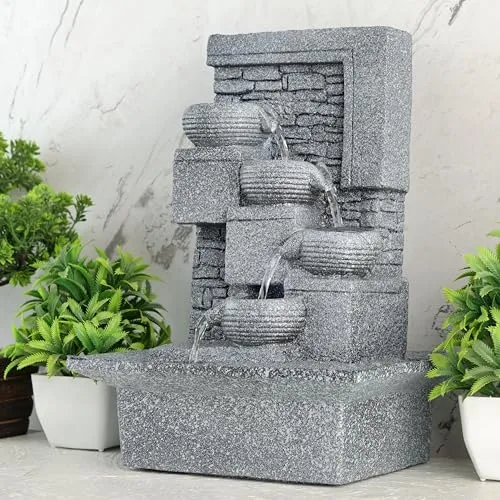 Global Grabbers Polyresin Table Top Indoor Outdoor Water Fall Fountain with LED Lights Home Decor Decoration Gift Gifting Items (Big, STN_GRY-SF27)