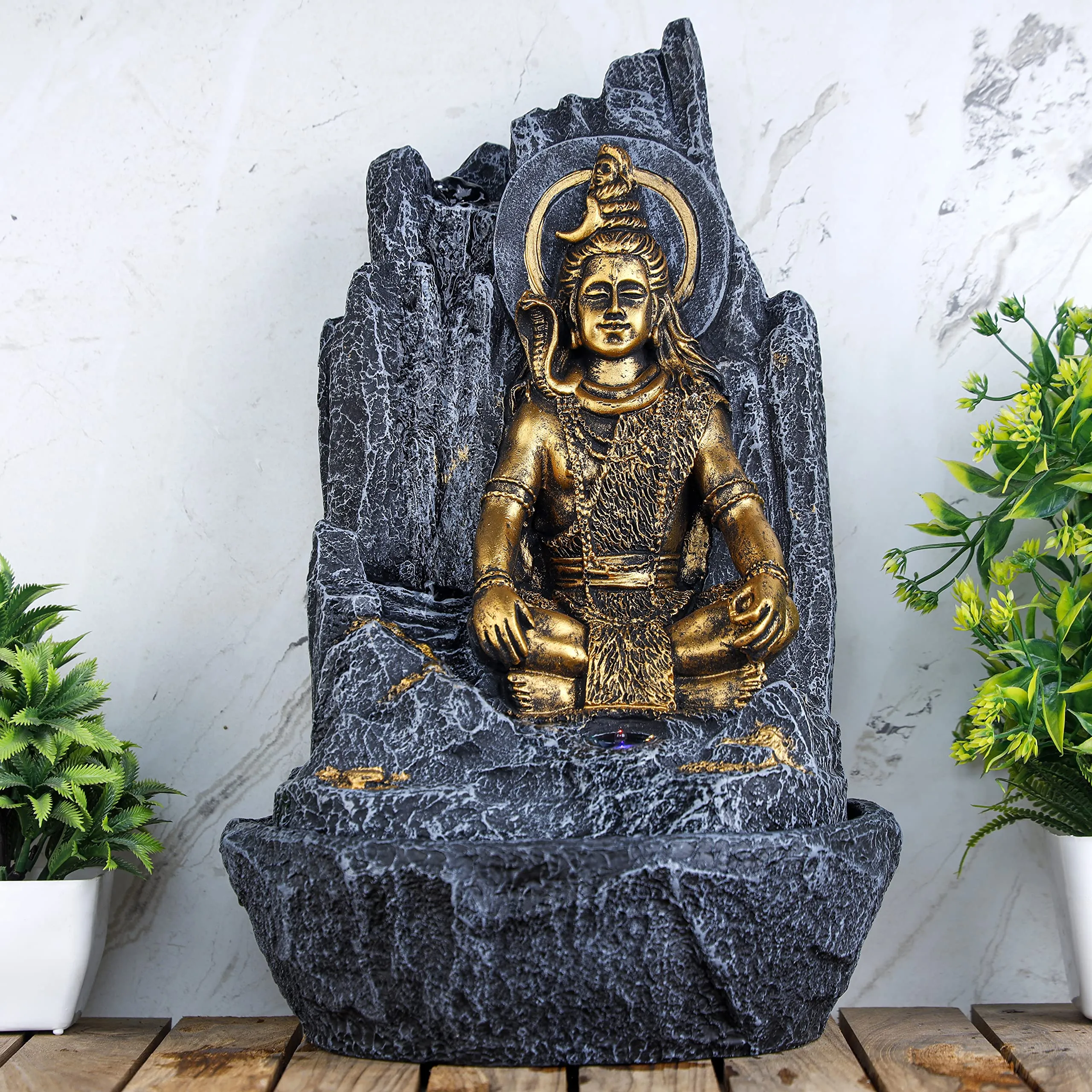 Global Grabbers Polyresin Table Top Indoor Outdoor Water Fall Fountain with LED Lights Home Decor Decoration Gift Gifting Items-GOL_BLK-SF72-(000)