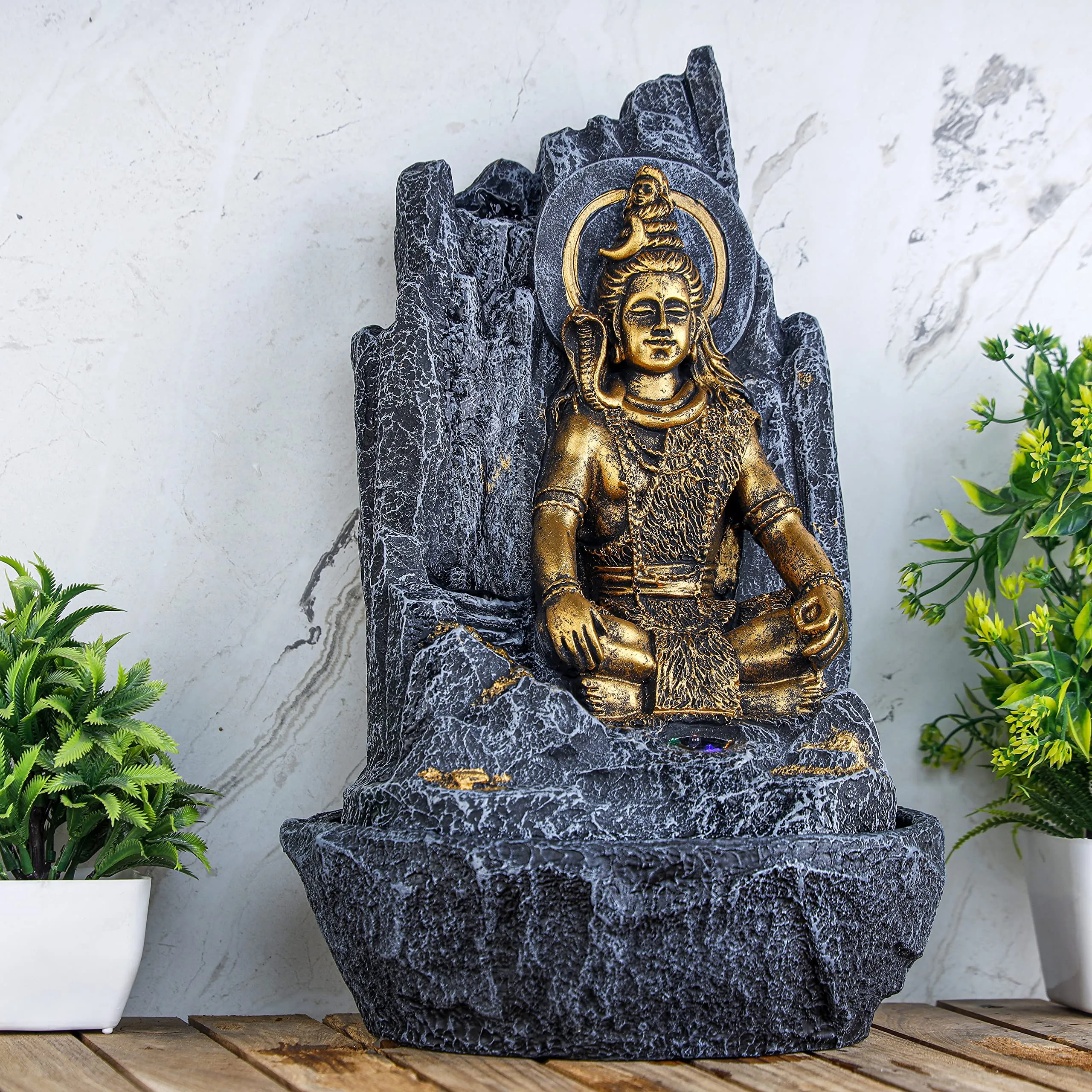 Global Grabbers Polyresin Table Top Indoor Outdoor Water Fall Fountain with LED Lights Home Decor Decoration Gift Gifting Items-GOL_BLK-SF72-(000)