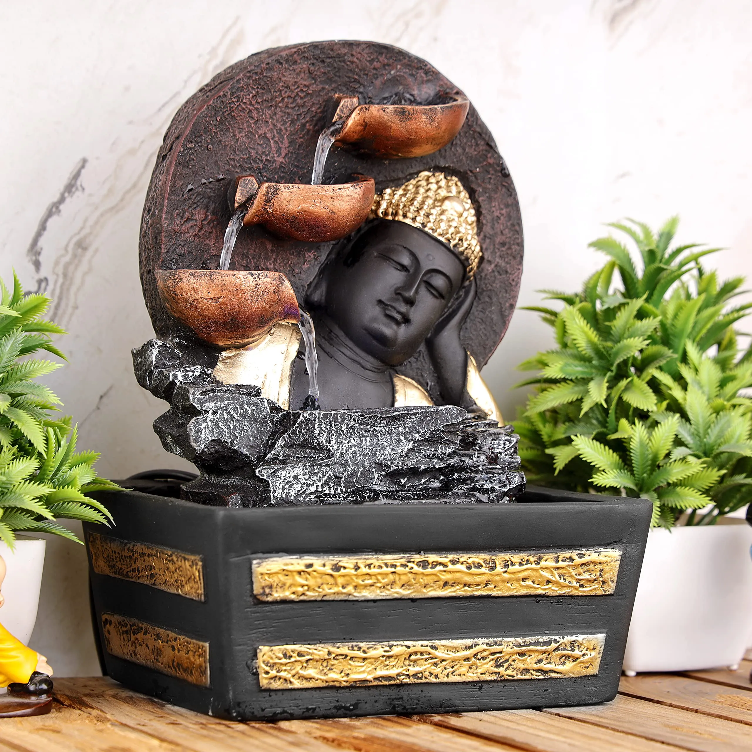 Global Grabbers Polyresin Table Top Indoor Outdoor Water Fall Fountain with LED Lights Home Decor Decoration Gift Gifting Items-GOL_BRO-S1-(000)