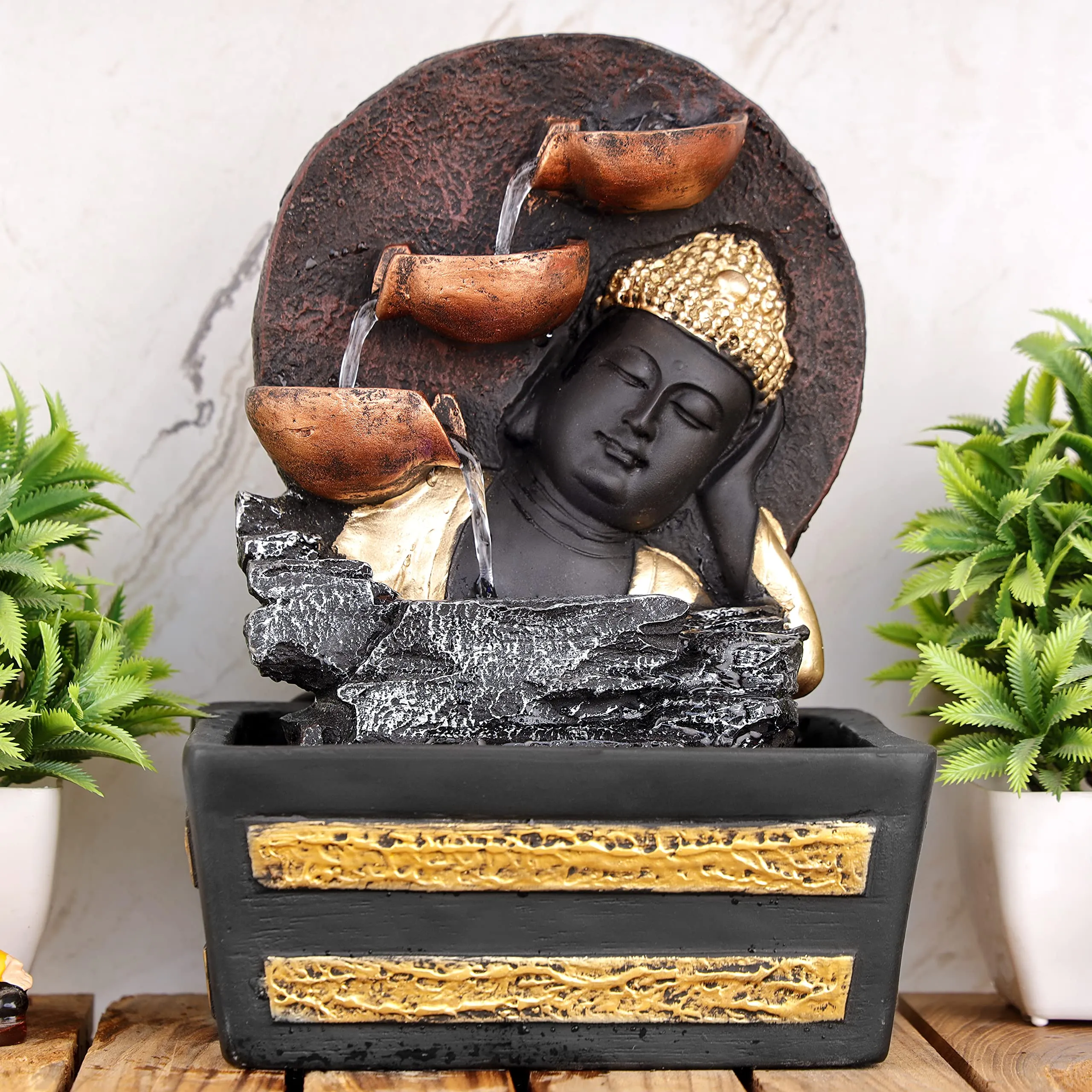 Global Grabbers Polyresin Table Top Indoor Outdoor Water Fall Fountain with LED Lights Home Decor Decoration Gift Gifting Items-GOL_BRO-S1-(000)