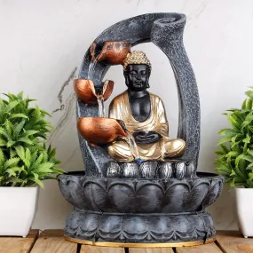 Global Grabbers Polyresin Table Top Indoor Outdoor Water Fall Fountain with LED Lights Home Decor Decoration Gift Gifting Items-GOL_GRY-SF24-(000)