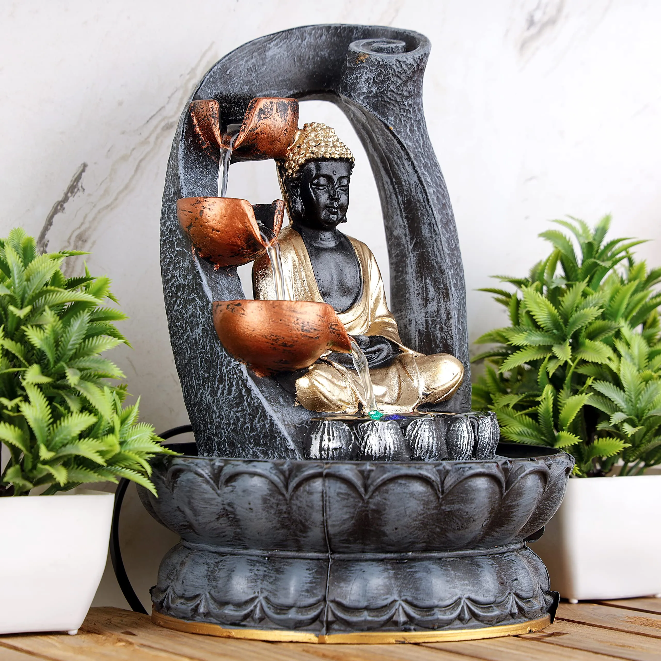 Global Grabbers Polyresin Table Top Indoor Outdoor Water Fall Fountain with LED Lights Home Decor Decoration Gift Gifting Items-GOL_GRY-SF24-(000)