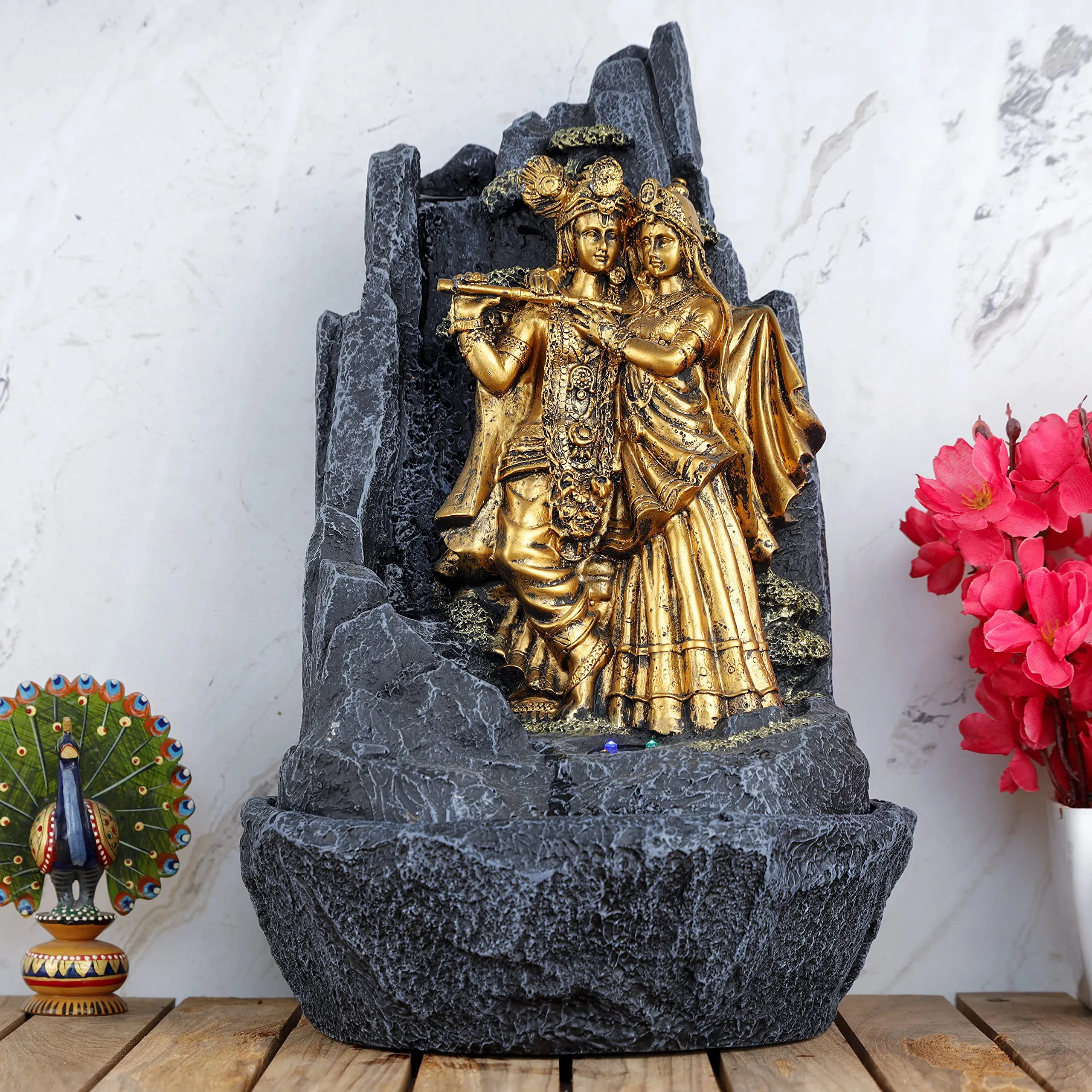 Global Grabbers Polyresin Table Top Indoor Outdoor Water Fall Fountain with LED Lights Home Decor Decoration Gift Gifting Items-GOL_GRY-SF67-(000)