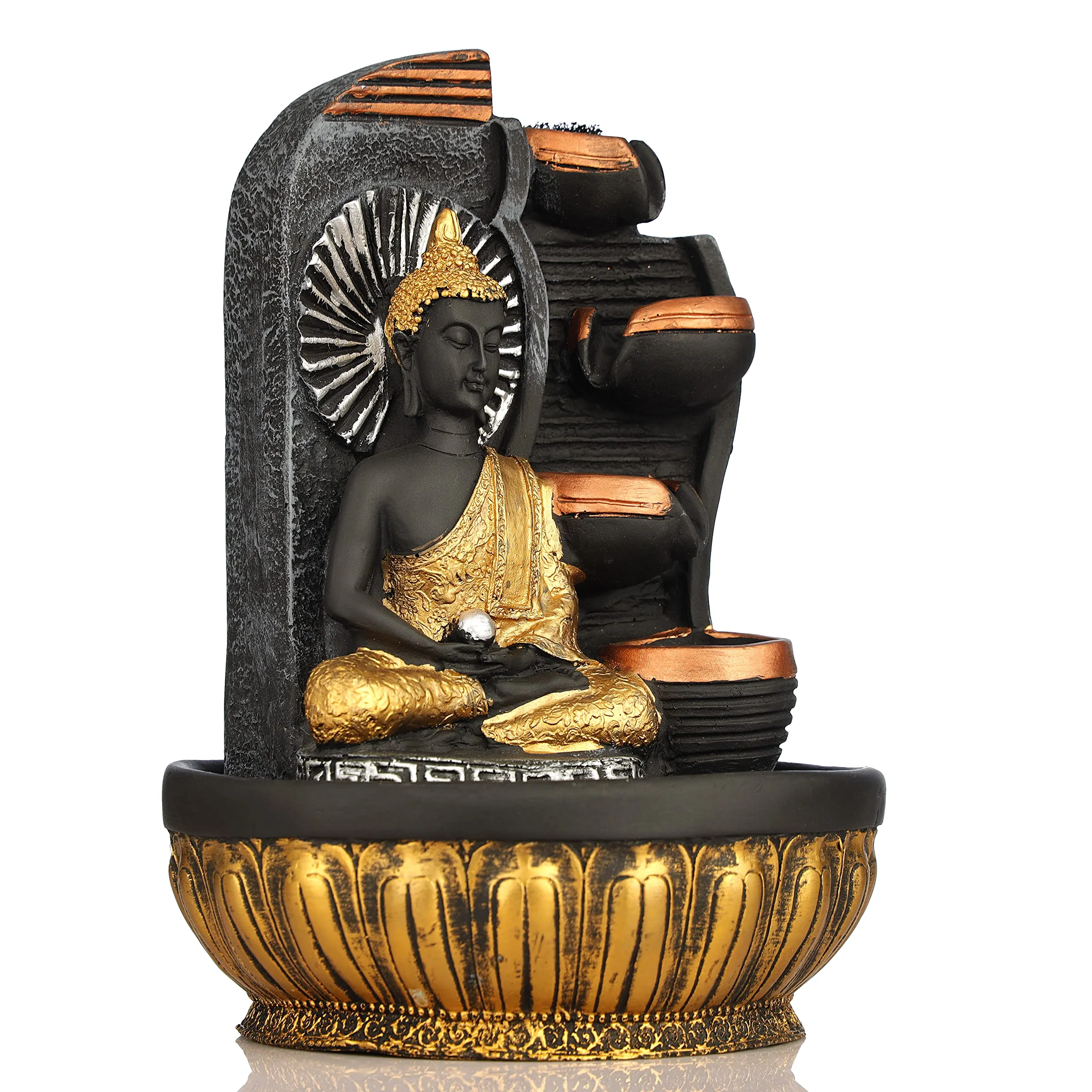 Global Grabbers Polyresin Table Top Indoor Outdoor Water Fall Fountain with LED Lights Home Decor Decoration Gift Gifting Items-GOL_GRY-SG14-(000)