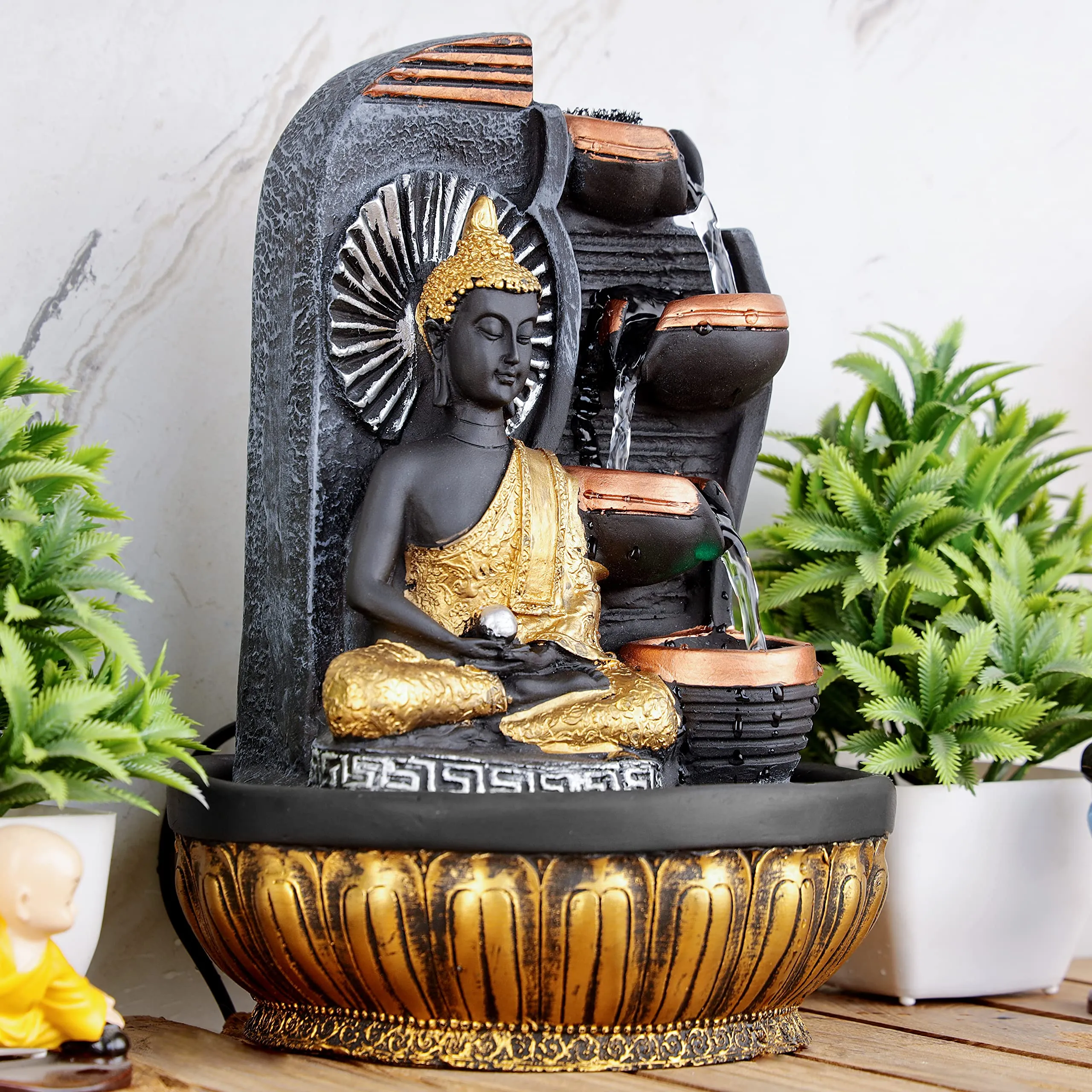 Global Grabbers Polyresin Table Top Indoor Outdoor Water Fall Fountain with LED Lights Home Decor Decoration Gift Gifting Items-GOL_GRY-SG14-(000)