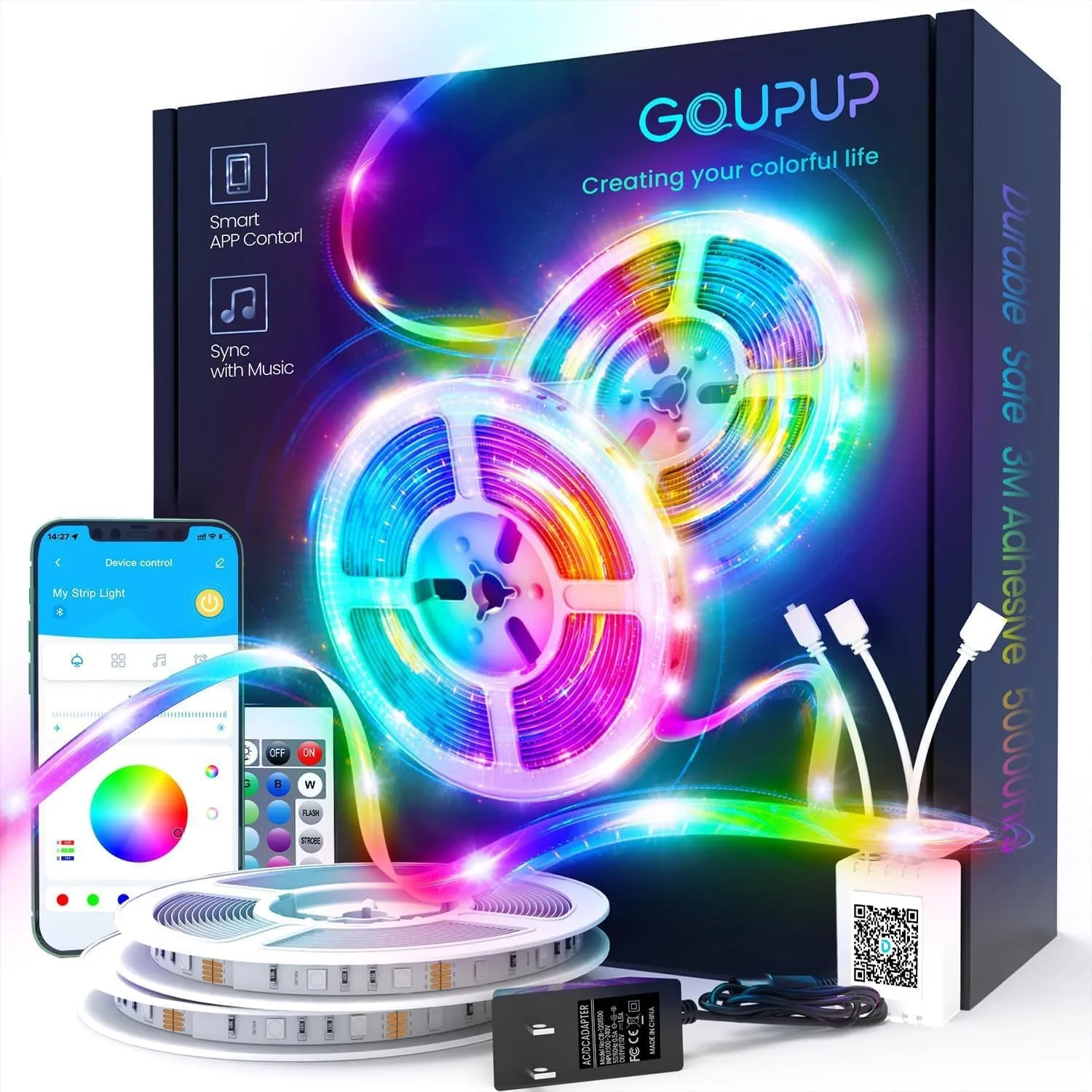 GUPUP 50 FT LED Strip Lights,Bluetooth LED Lights for Bedroom, Color Changing Light Strip with Music Sync, Phone Controller and IR Remote(App Remote  Mic).