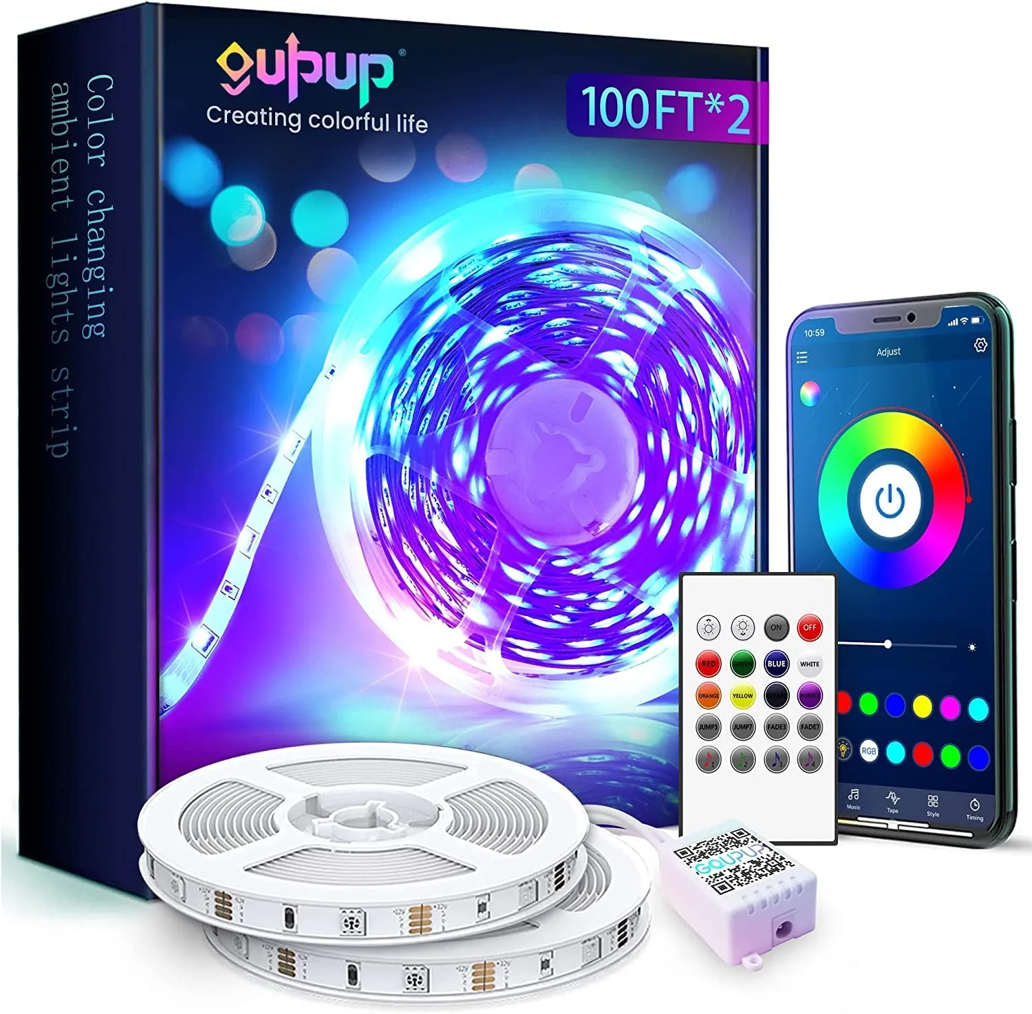 GUPUP 50 FT LED Strip Lights,Bluetooth LED Lights for Bedroom, Color Changing Light Strip with Music Sync, Phone Controller and IR Remote(App Remote  Mic).