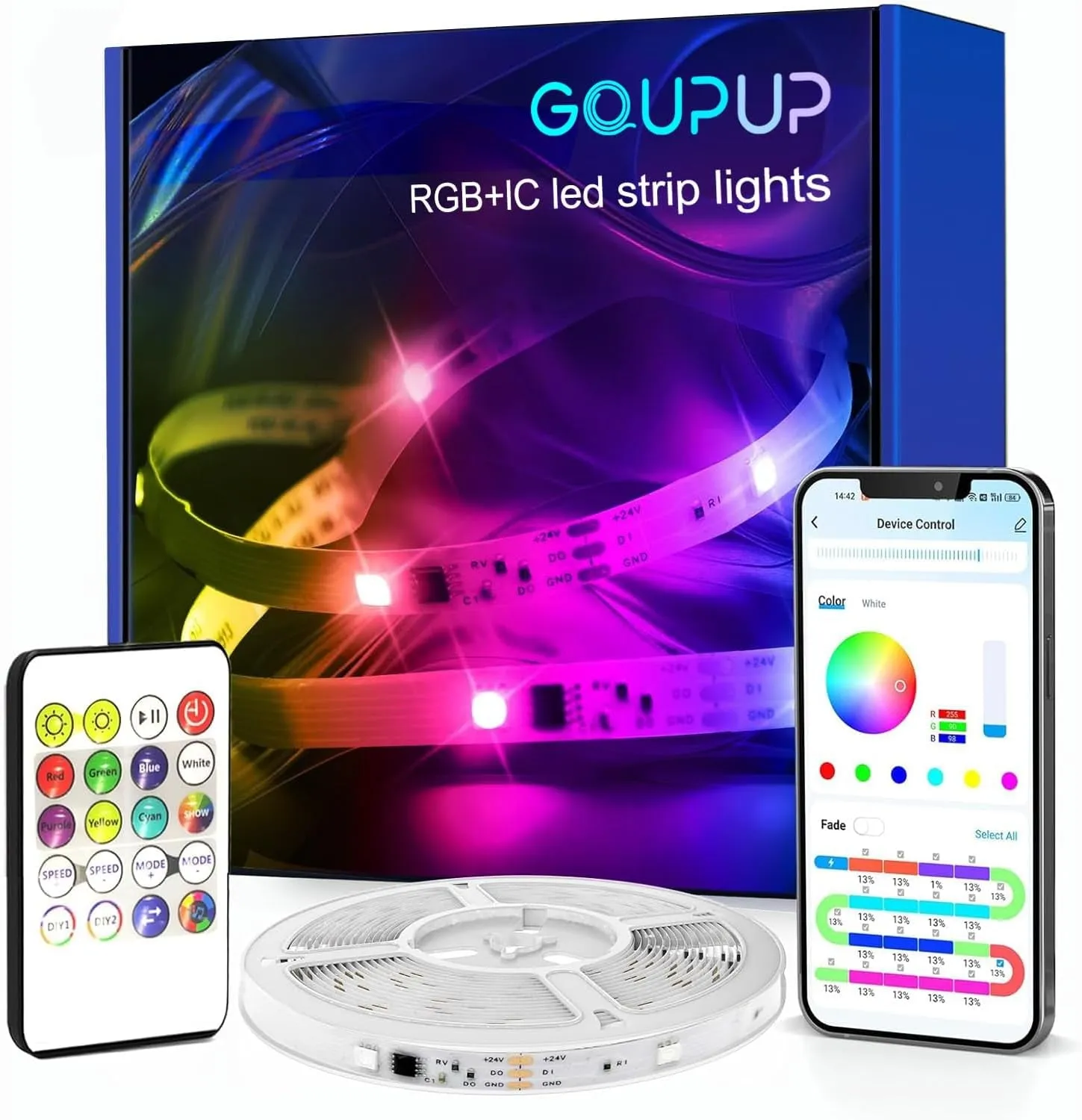 GUPUP 50 FT LED Strip Lights,Bluetooth LED Lights for Bedroom, Color Changing Light Strip with Music Sync, Phone Controller and IR Remote(App Remote  Mic).