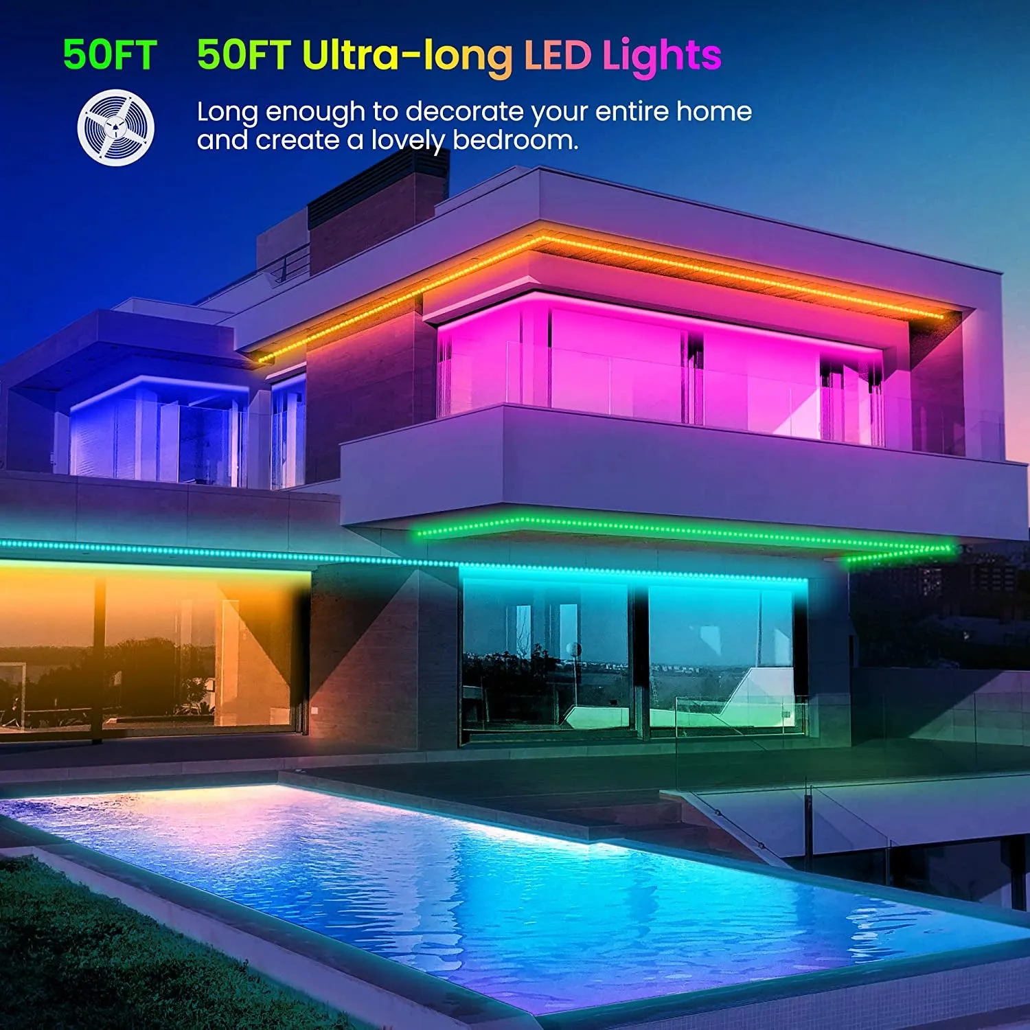 GUPUP 50 FT LED Strip Lights,Bluetooth LED Lights for Bedroom, Color Changing Light Strip with Music Sync, Phone Controller and IR Remote(App Remote  Mic).