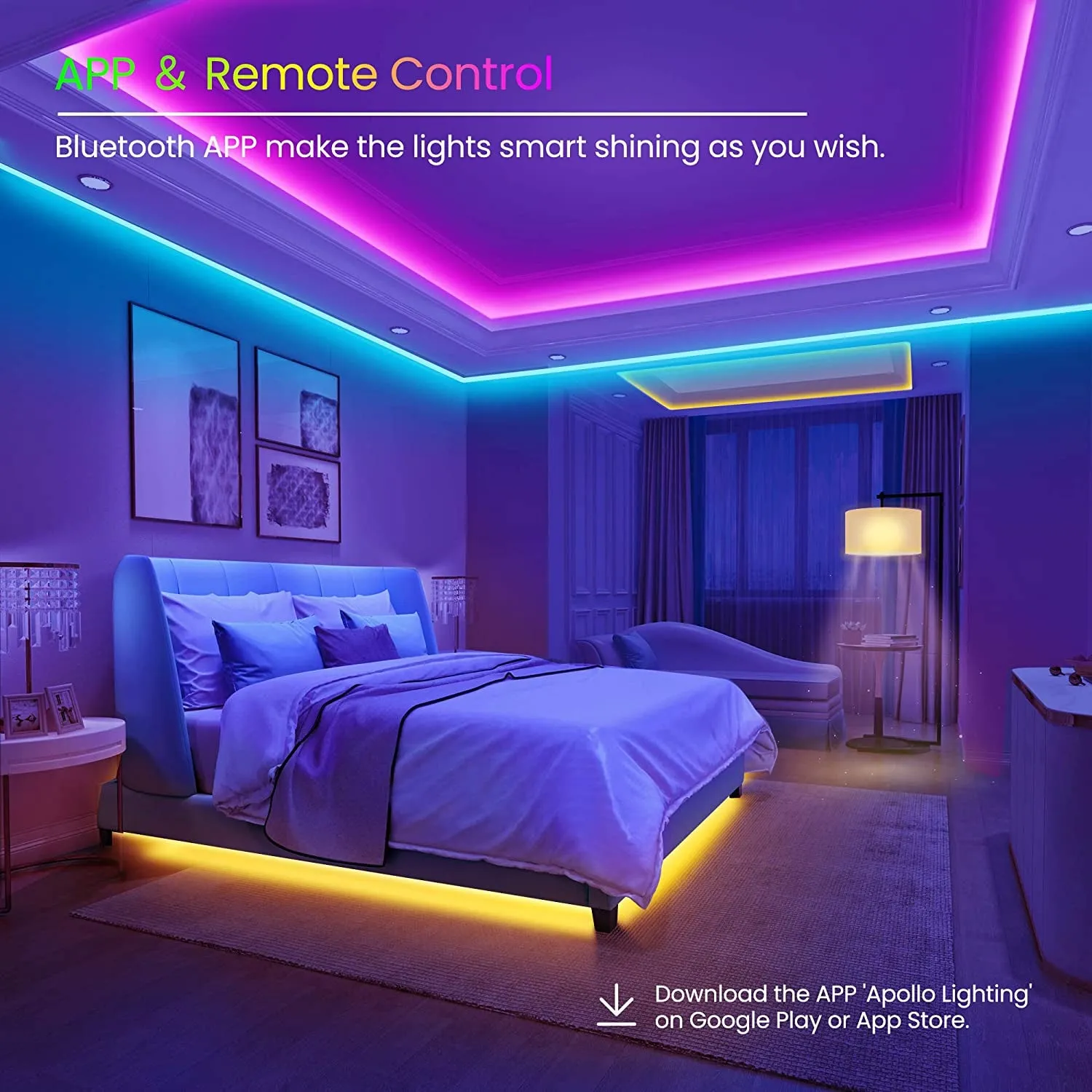 GUPUP 50 FT LED Strip Lights,Bluetooth LED Lights for Bedroom, Color Changing Light Strip with Music Sync, Phone Controller and IR Remote(App Remote  Mic).