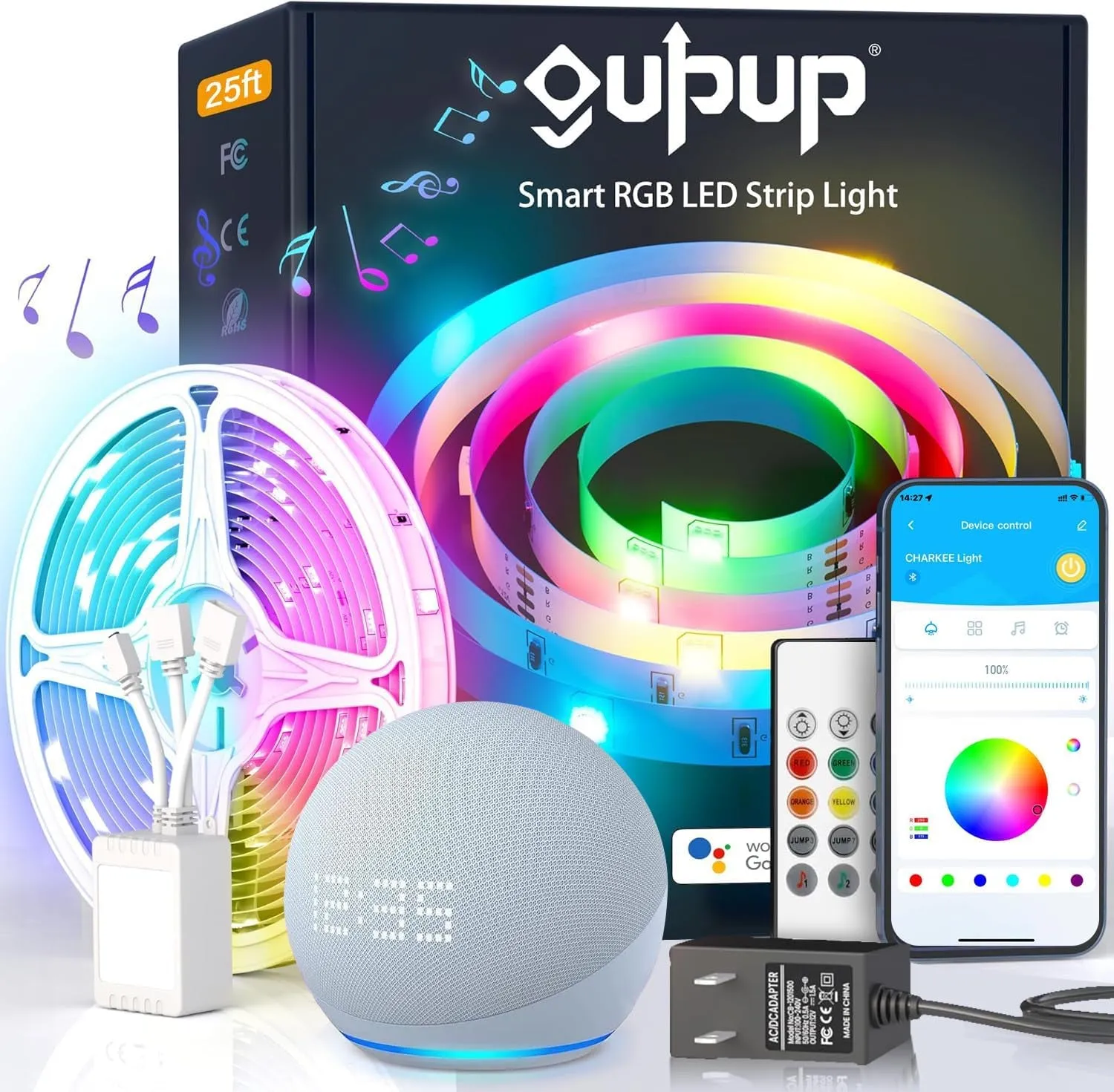 GUPUP 50 FT LED Strip Lights,Bluetooth LED Lights for Bedroom, Color Changing Light Strip with Music Sync, Phone Controller and IR Remote(App Remote  Mic).