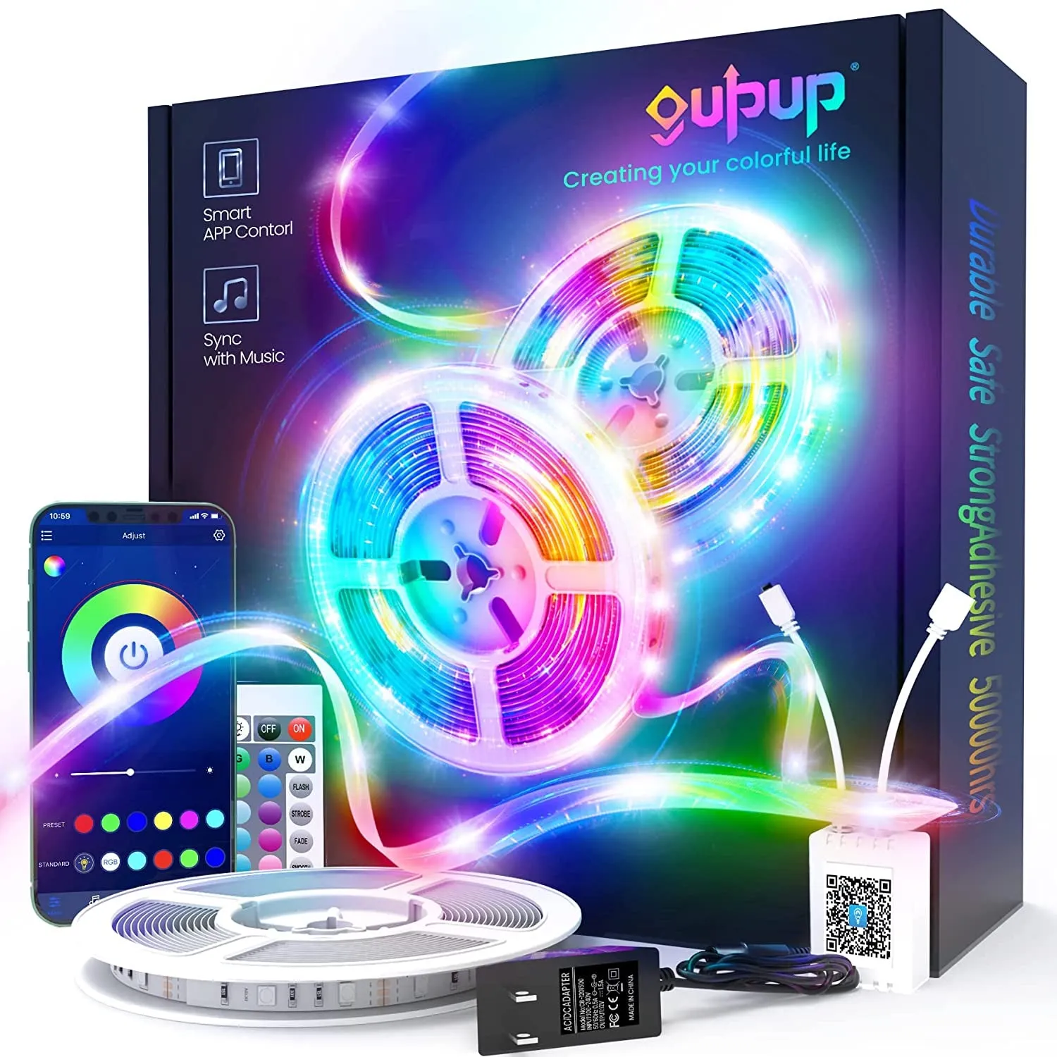 GUPUP 50 FT LED Strip Lights,Bluetooth LED Lights for Bedroom, Color Changing Light Strip with Music Sync, Phone Controller and IR Remote(App Remote  Mic).