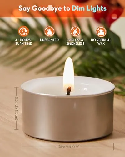 Hypmis Tea Lights Candles - 200 Pack, 4.5  Hours Fully Burns Tealight Candles Unscented Smokeless Bright Flame Paraffin Tealights for Home, Sabbath, Weddings, Christmas & Halloween Decor, White