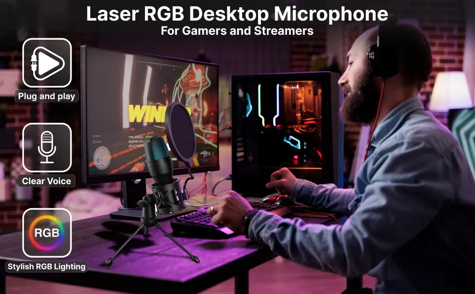 Laser RGB Gaming Desktop Microphone Plug-and-Play (Black)