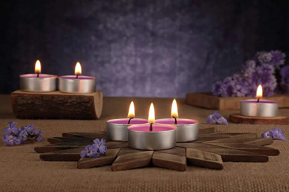 LUCES Paraffin Wax Purple Tea light candles Smokeless Scented Floating tea cup tealight tin base for Party Home Decor Set of 80