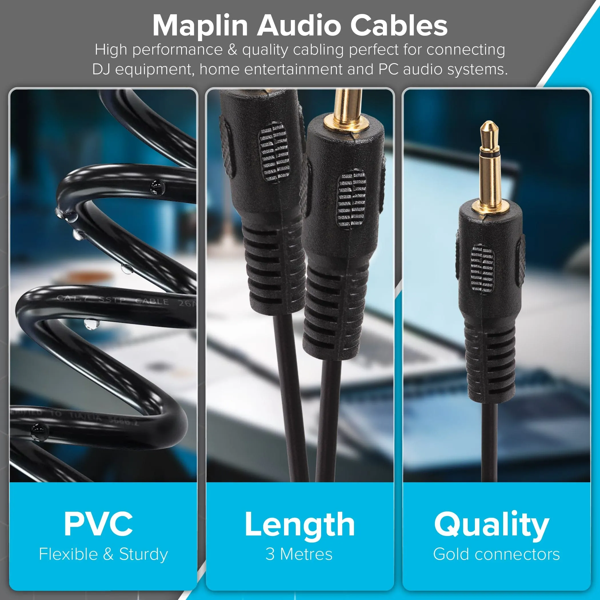 Maplin 3.5mm Aux Mono 2-Pole Jack Plug to 3.5mm 2-Pole Jack Plug Cable - Black, 3m