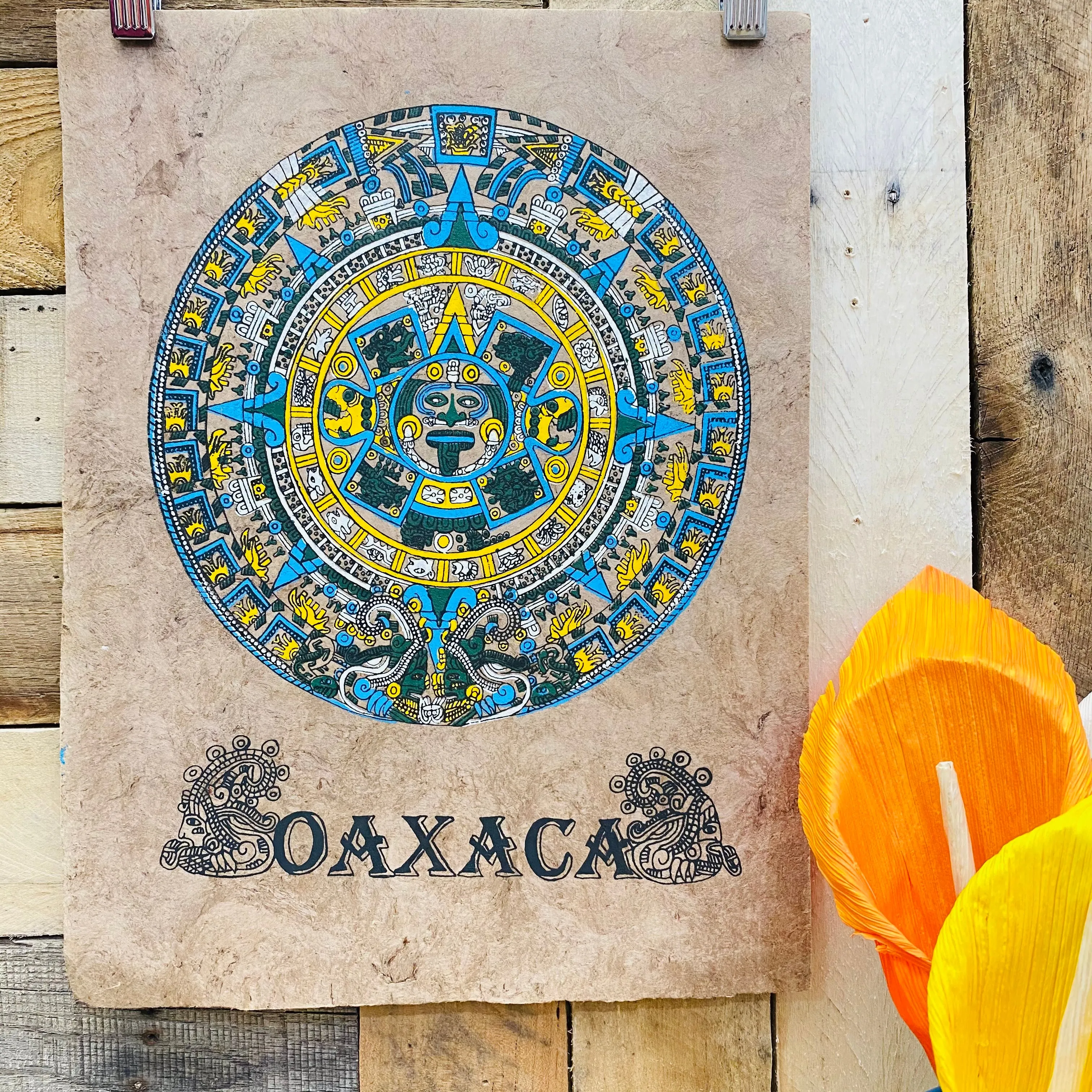Medium Aztec Calendar Design - Amate Paintings