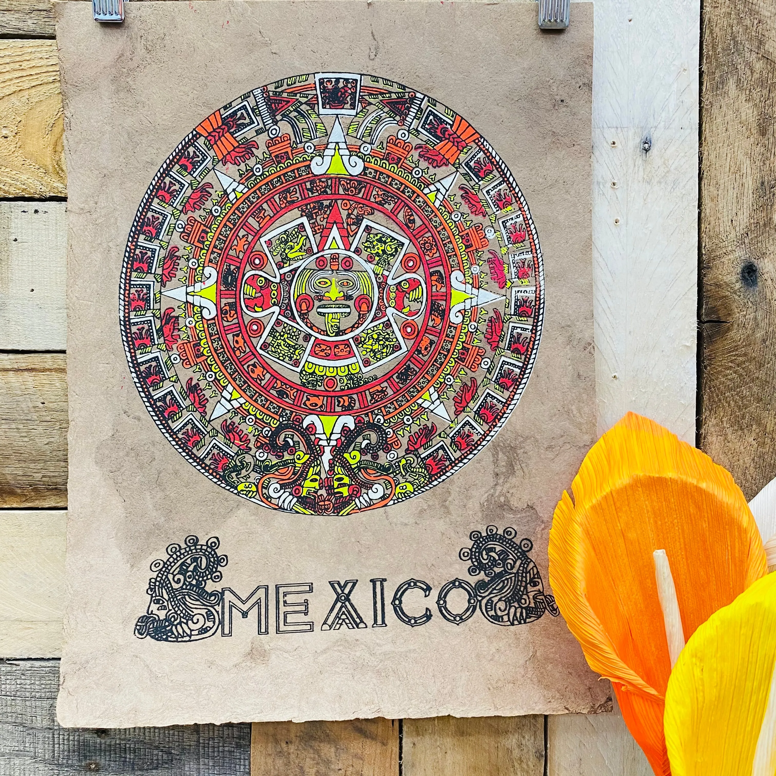 Medium Aztec Calendar Design - Amate Paintings